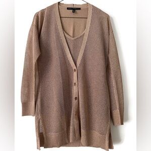 White House Black Market Rose Gold Metallic Sheer Knit Cardigan Sweater Set XSP